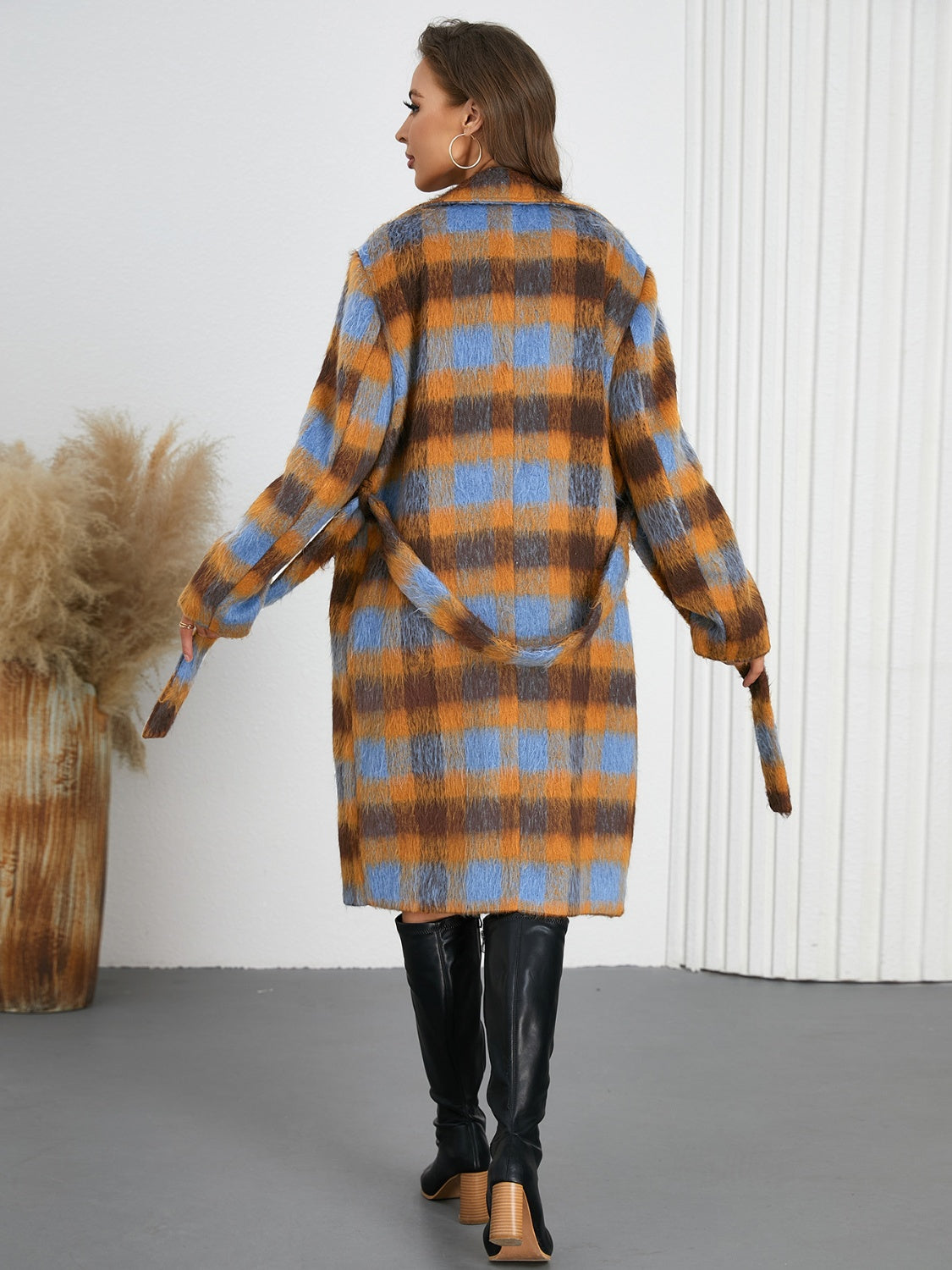 Tied Plaid Collared Coat