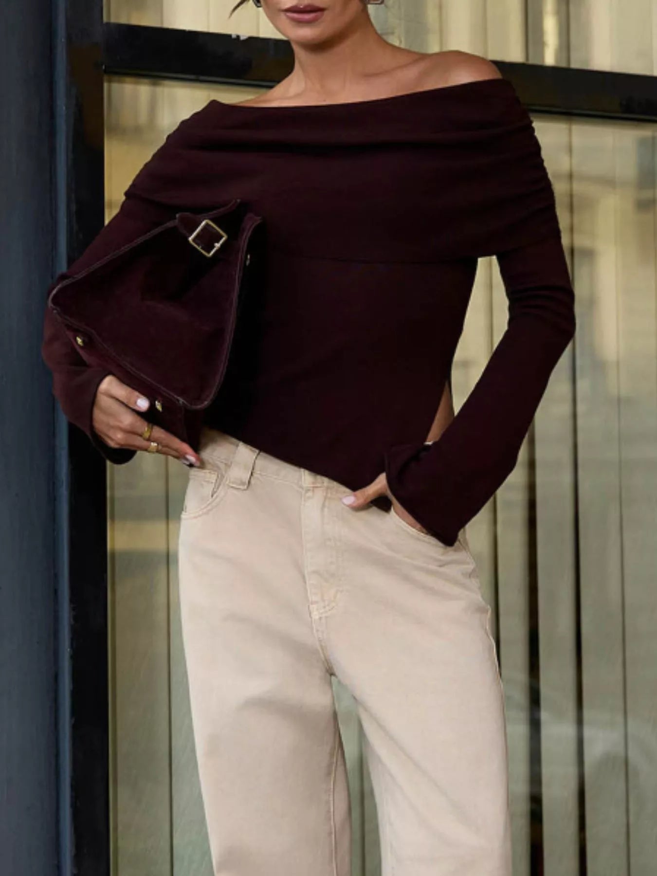 Asymmetrical Off-Shoulder Knit Top