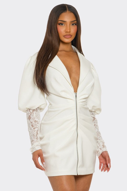 White Puff-Sleeve Zip-Up Dress