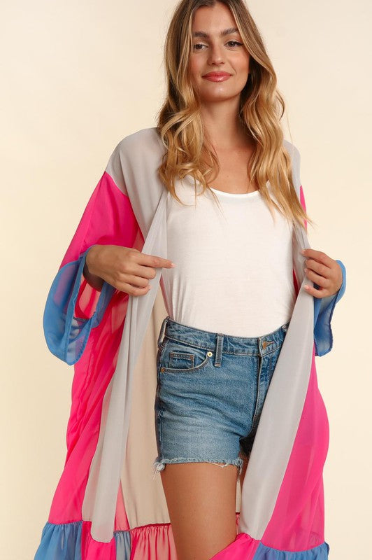 Plus Size Color Block Kimoni Maxi Open Cardigan