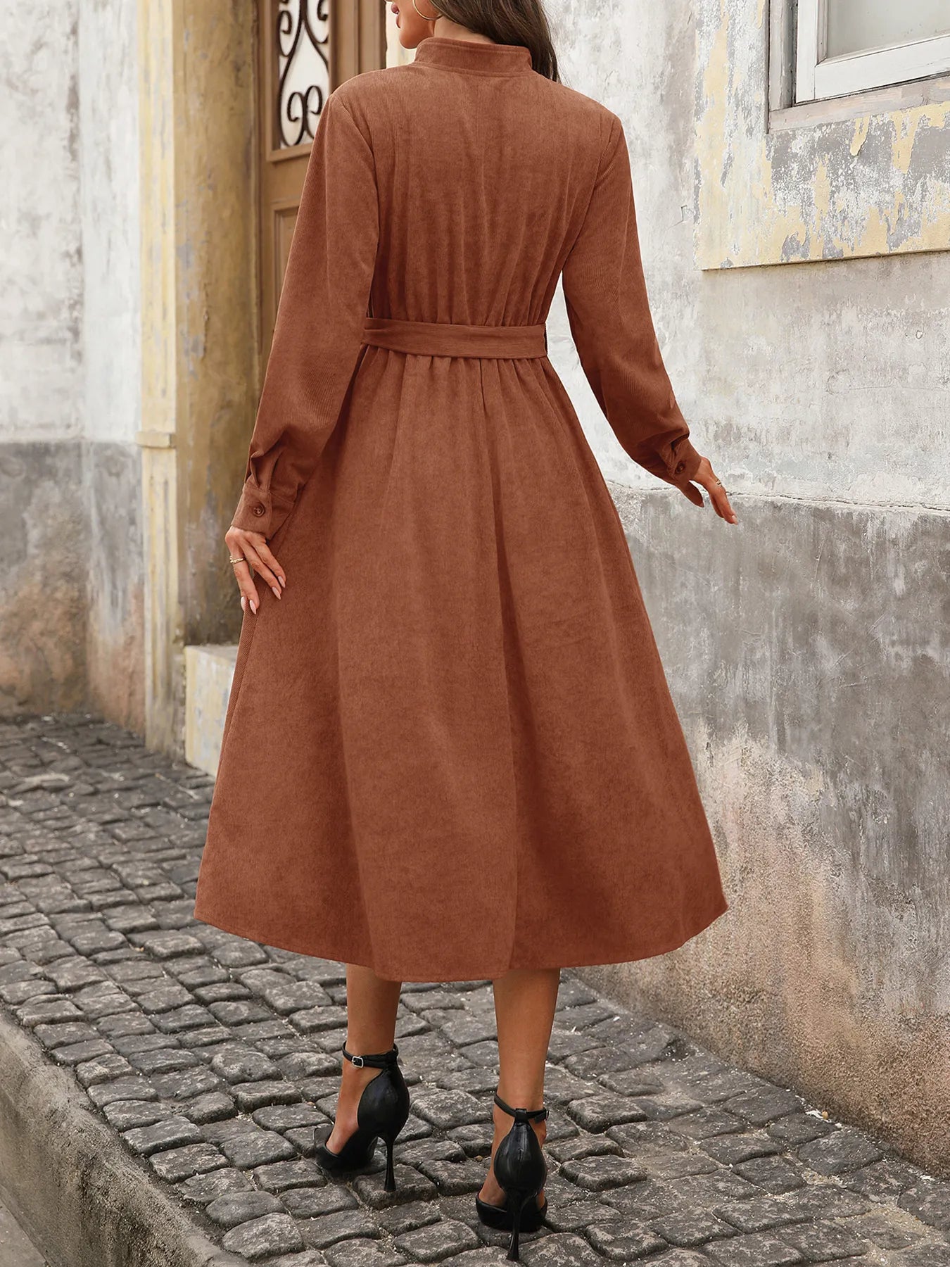 Button Front Belted Midi Dress