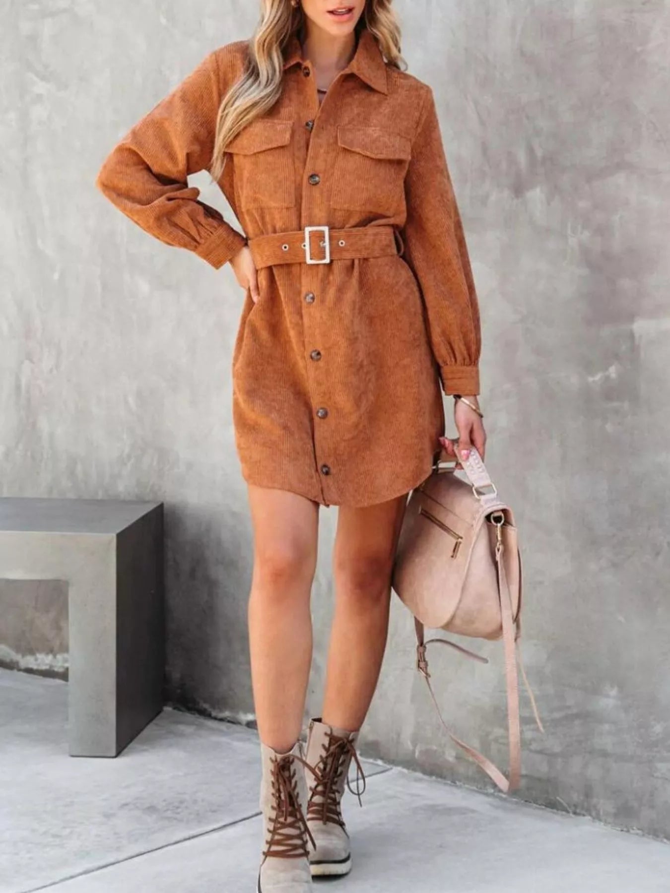 Button Front Belted Corduroy Dress