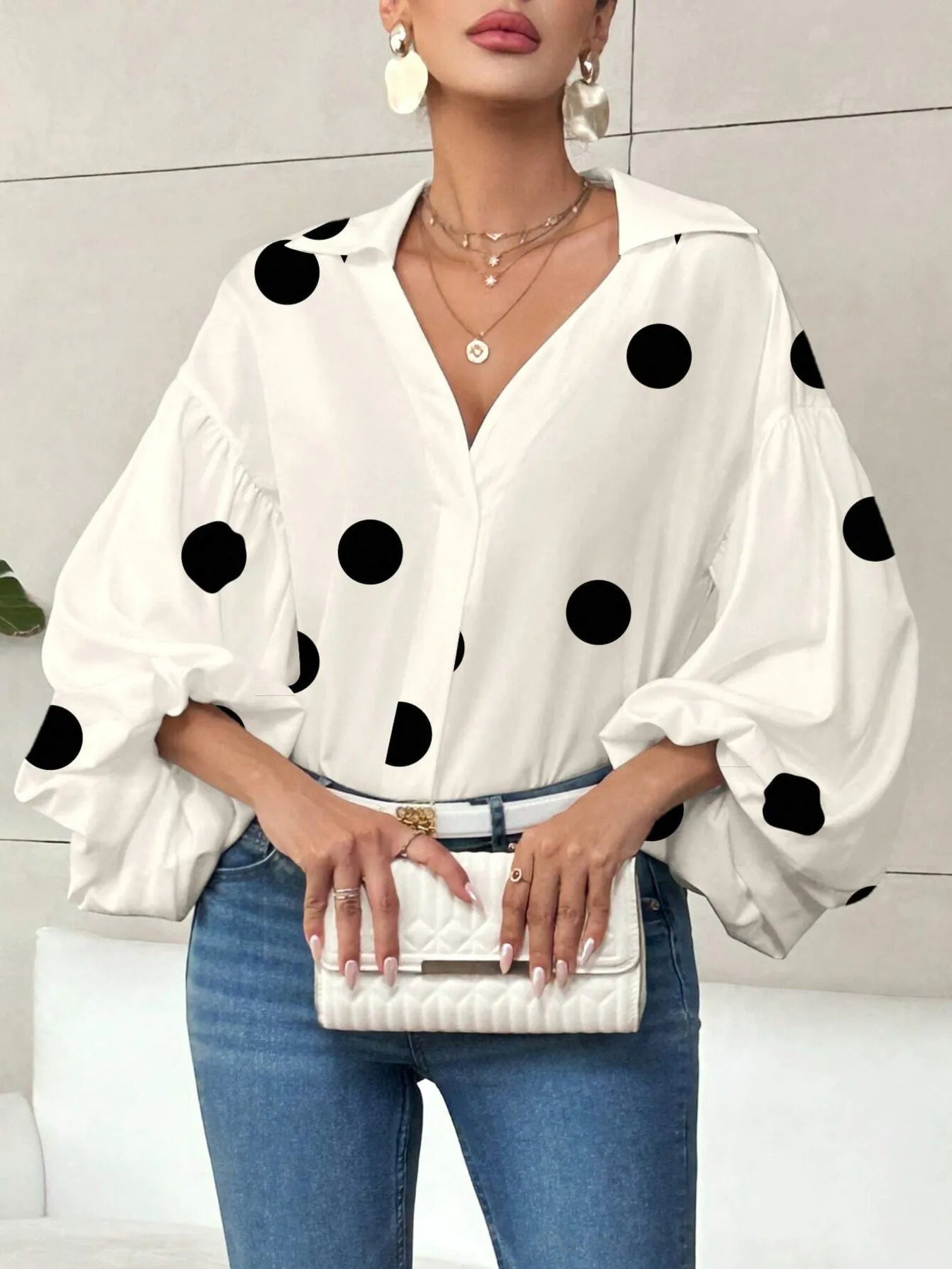Polka Dot Balloon Sleeve Blouse