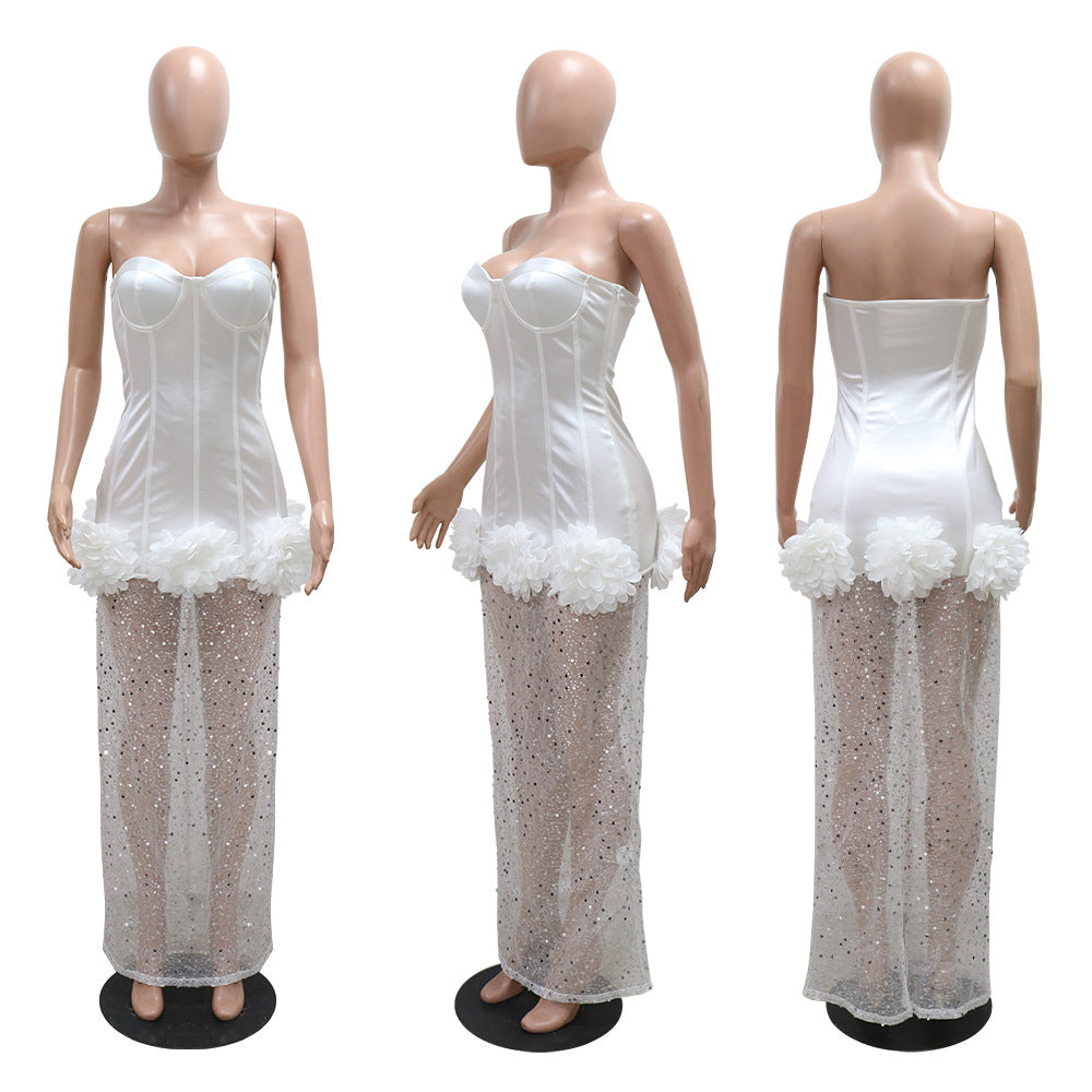 Strapless patchwork mesh skirt dress