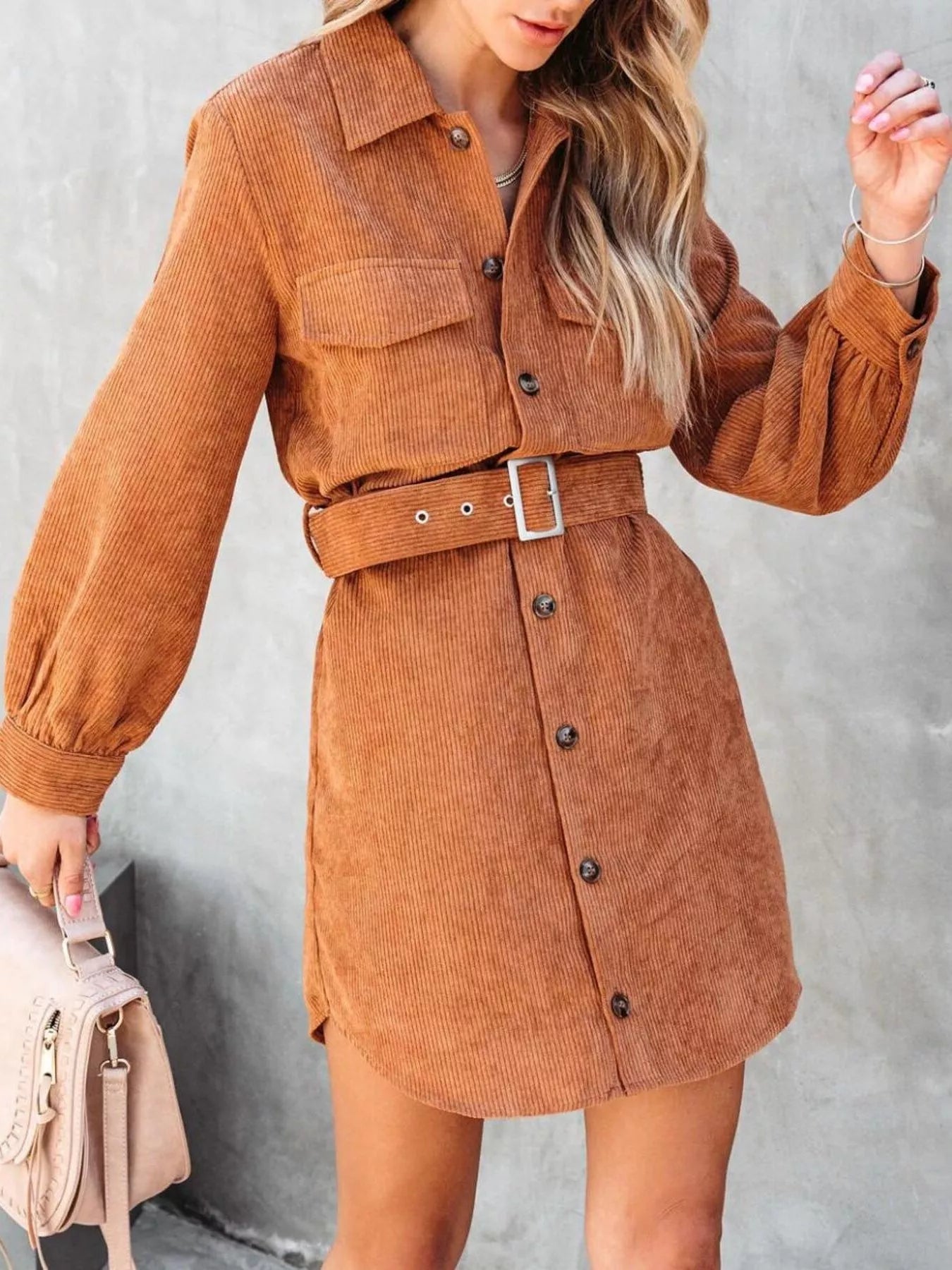 Button Front Belted Corduroy Dress