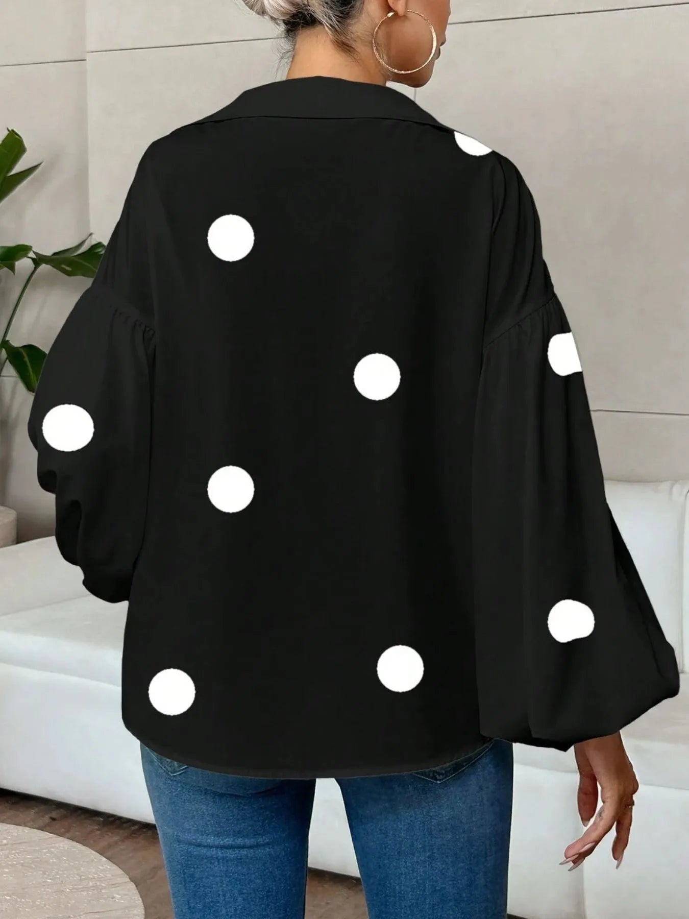 Polka Dot Balloon Sleeve Blouse