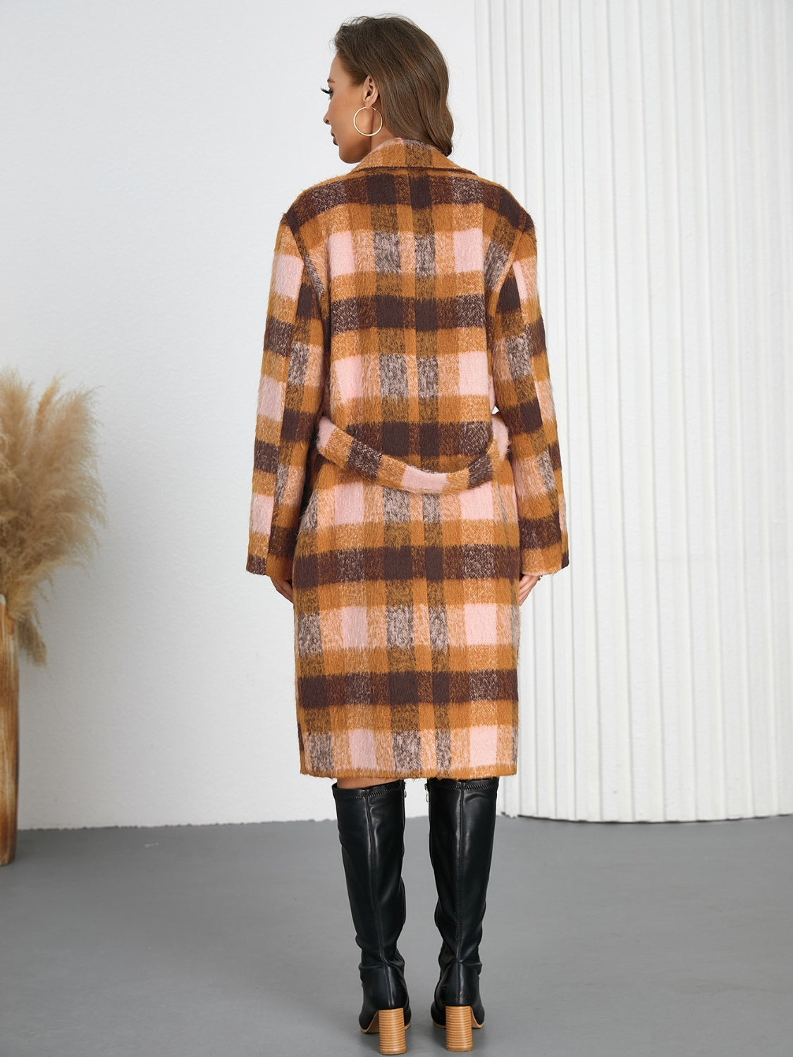 Tied Plaid Collared Coat