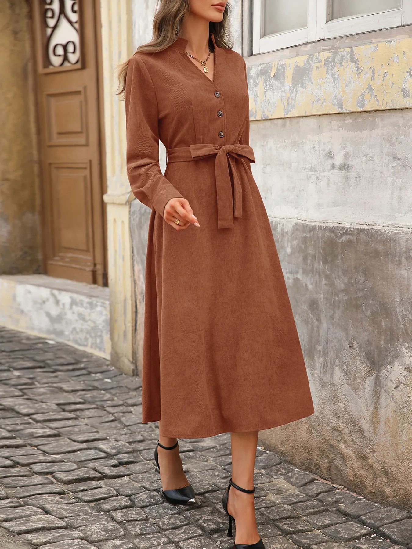 Button Front Belted Midi Dress