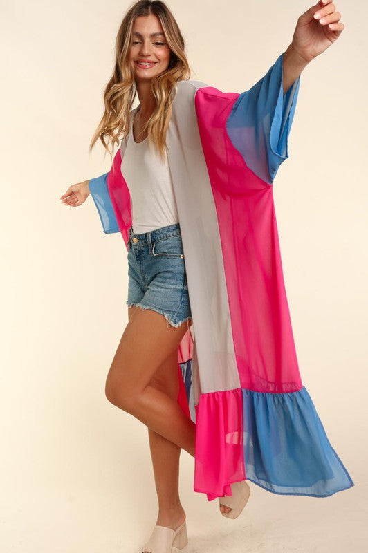 Plus Size Color Block Kimoni Maxi Open Cardigan