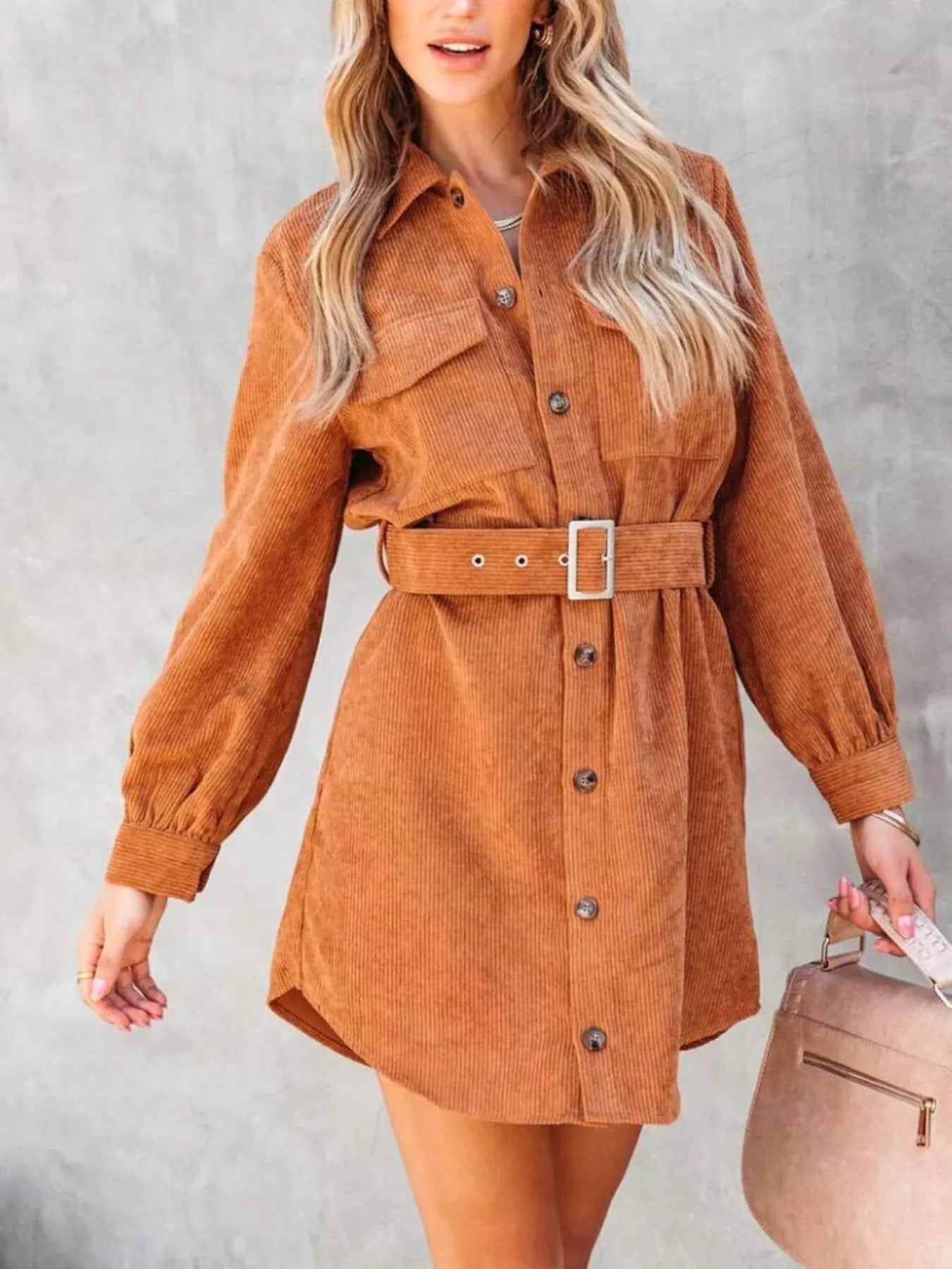 Button Front Belted Corduroy Dress