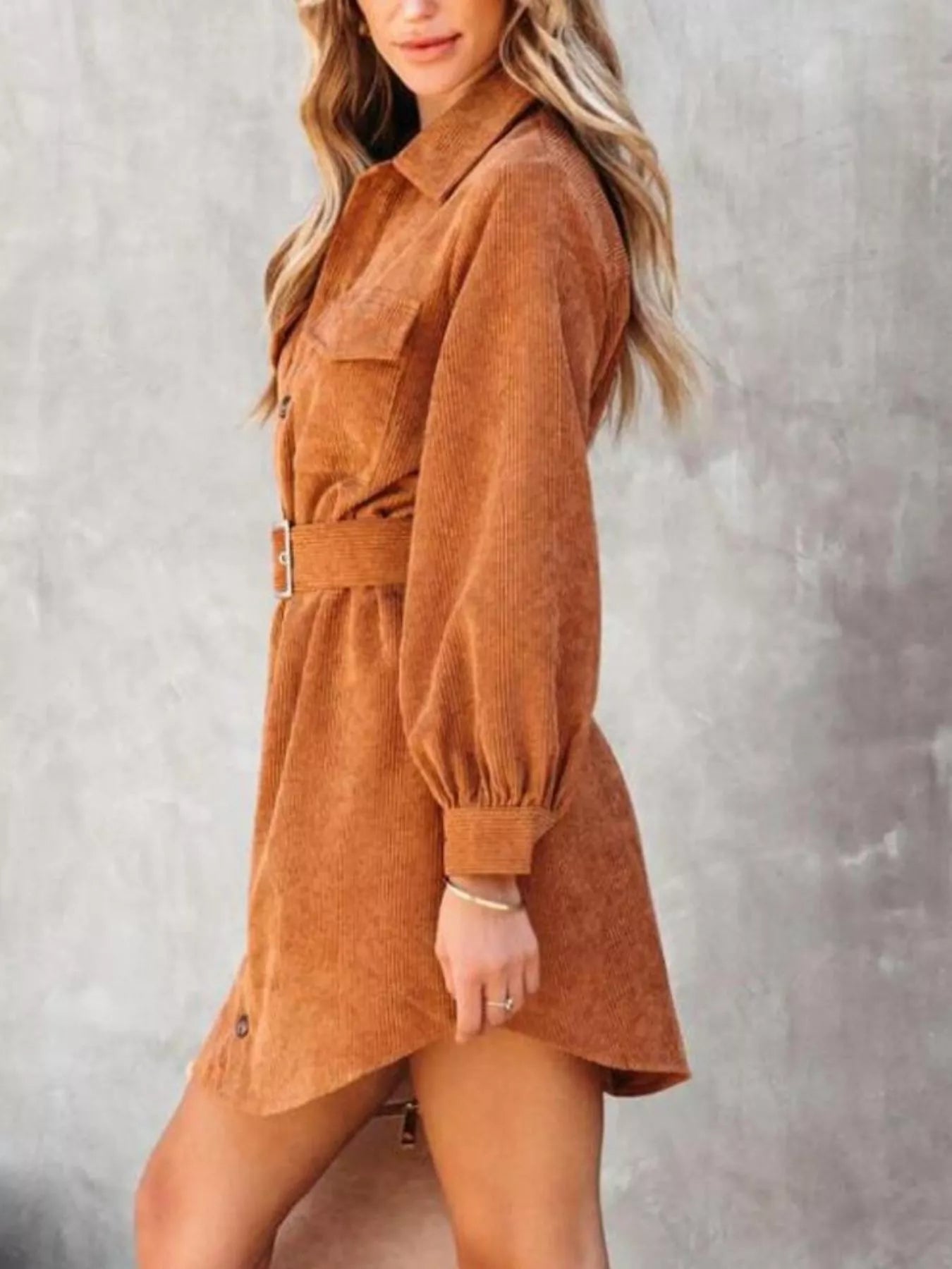 Button Front Belted Corduroy Dress