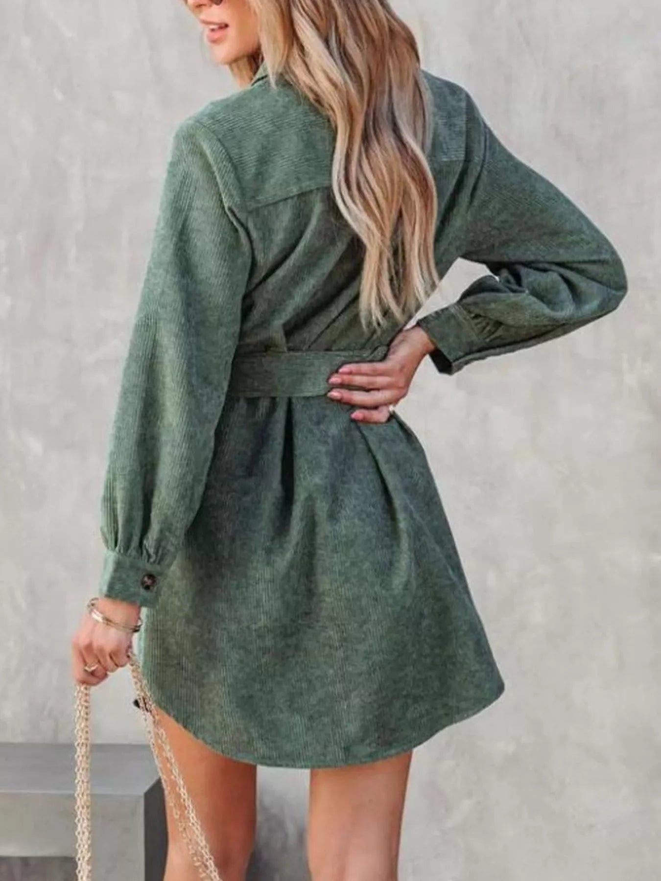 Button Front Belted Corduroy Dress