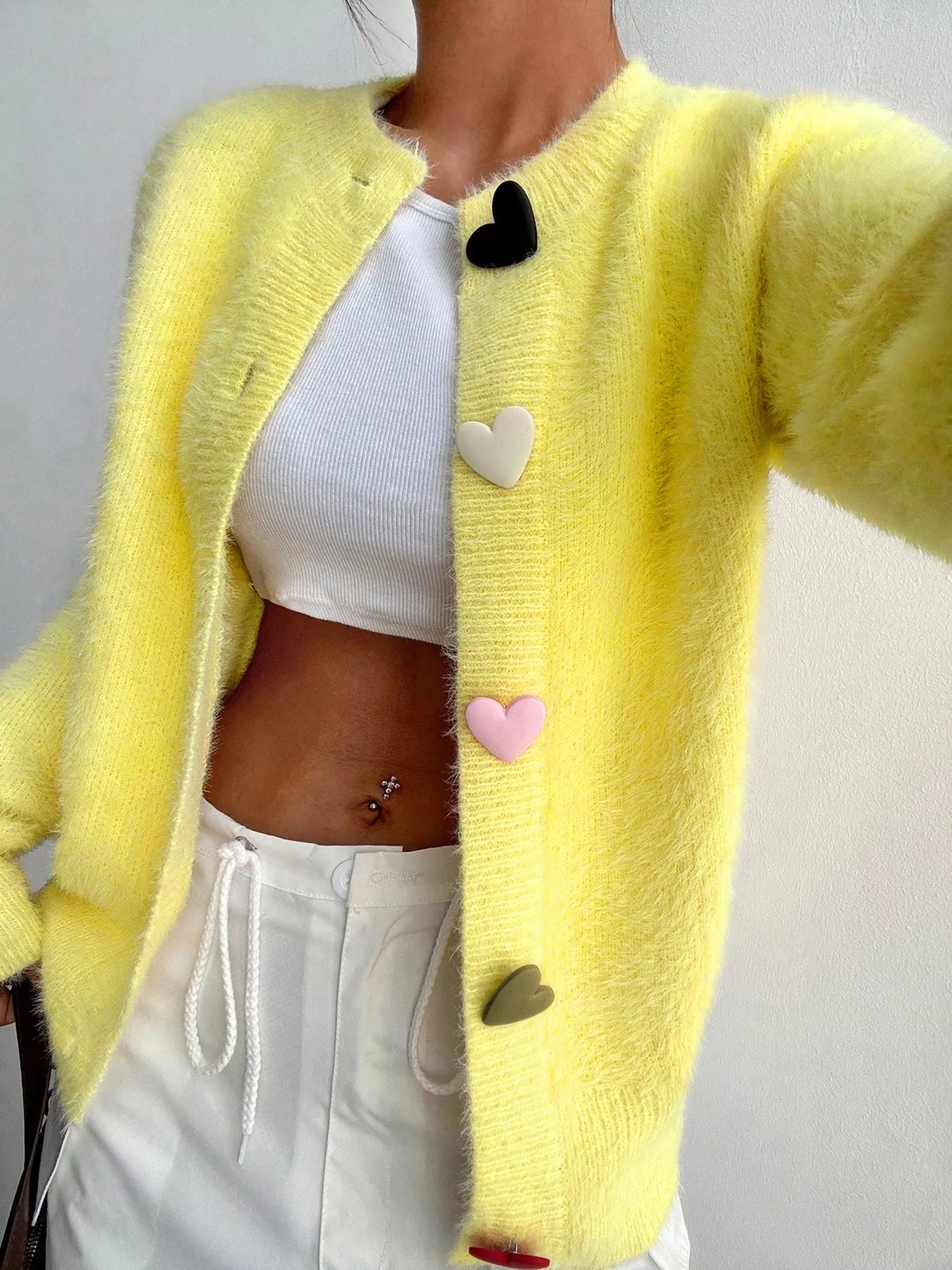 Heart Button Fuzzy Cardigan