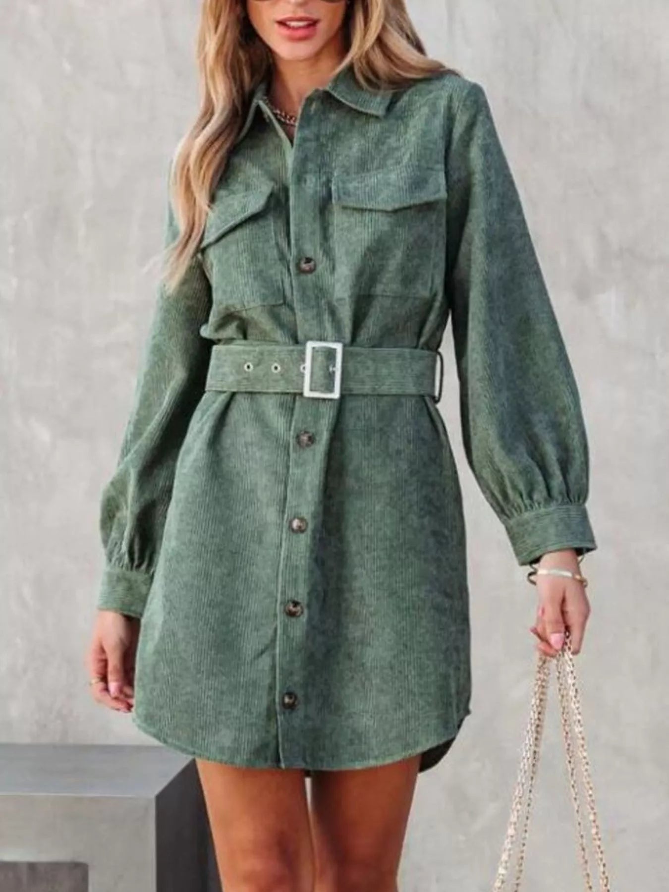 Button Front Belted Corduroy Dress