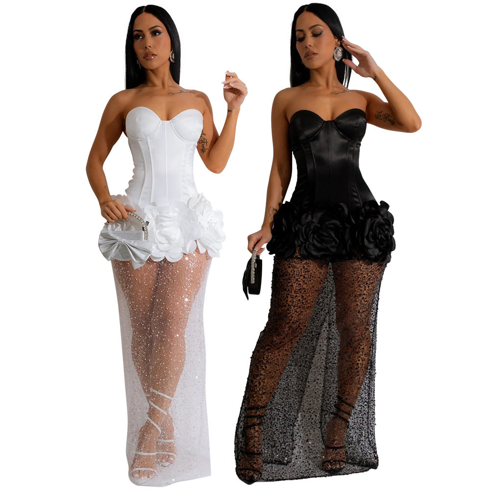 Strapless patchwork mesh skirt dress