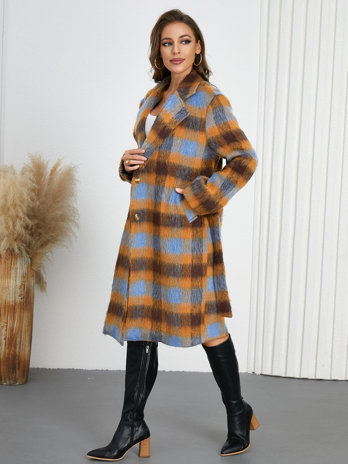 Tied Plaid Collared Coat