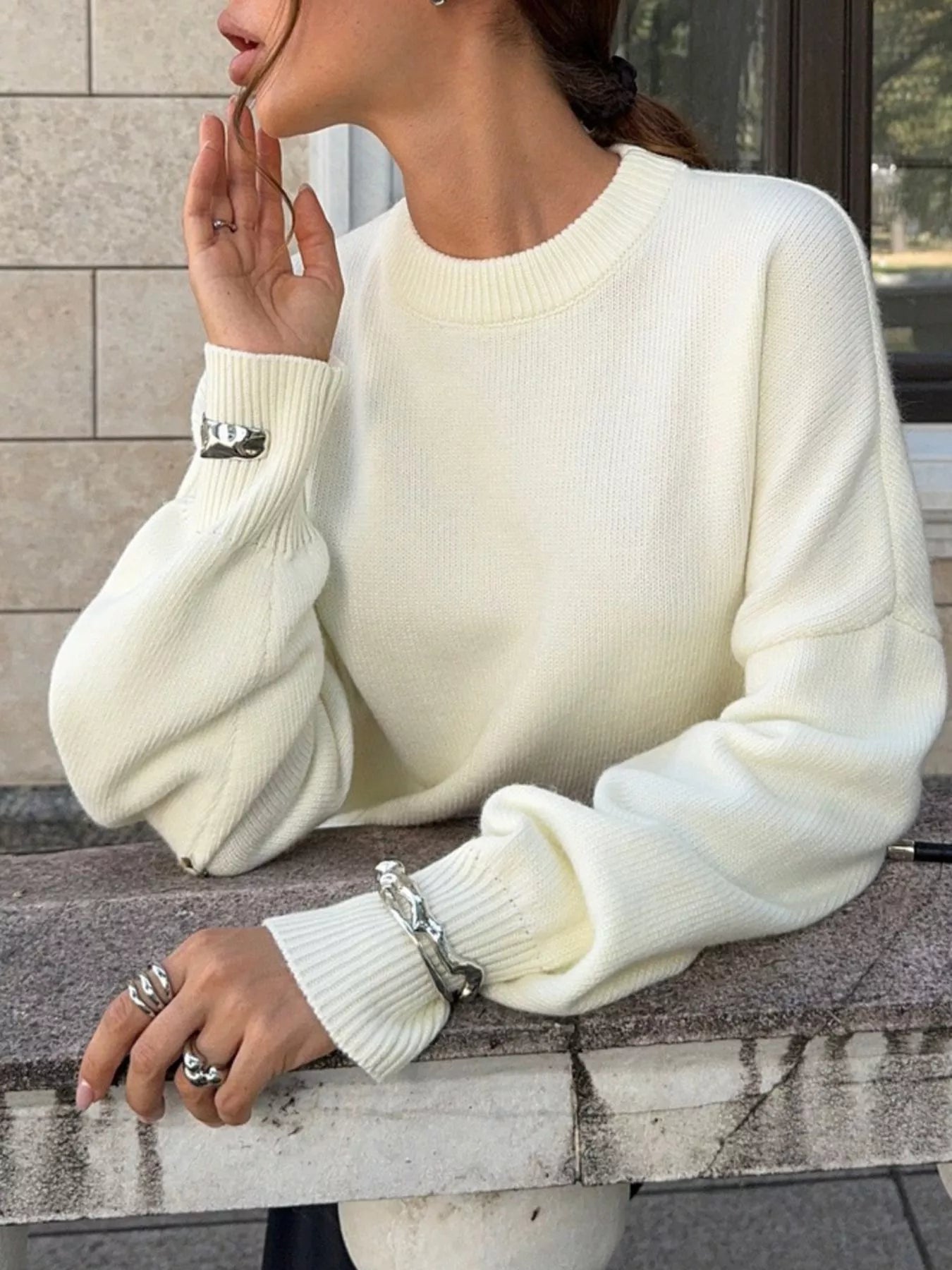 Cutout Dropped Shoulder Sweater