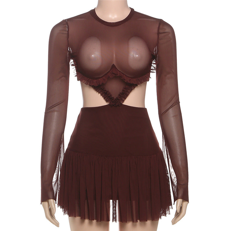 Mesh splicing perspective long sleeved dress