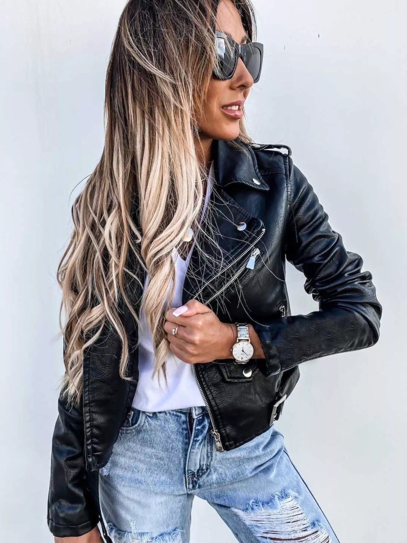 Full Size Zip Up Leather Biker Jacket