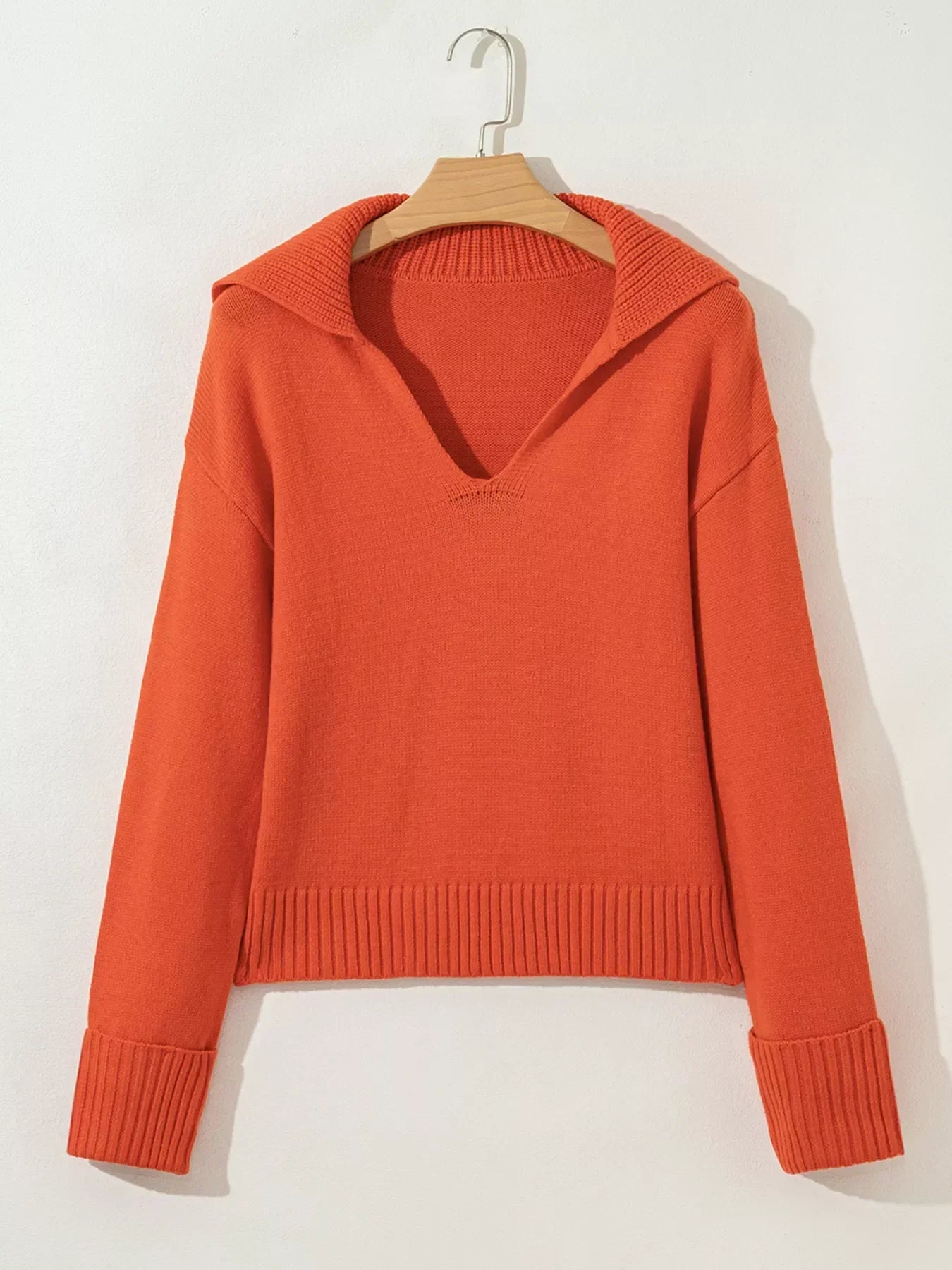 Collared V Neck Ribbed Edge Sweater