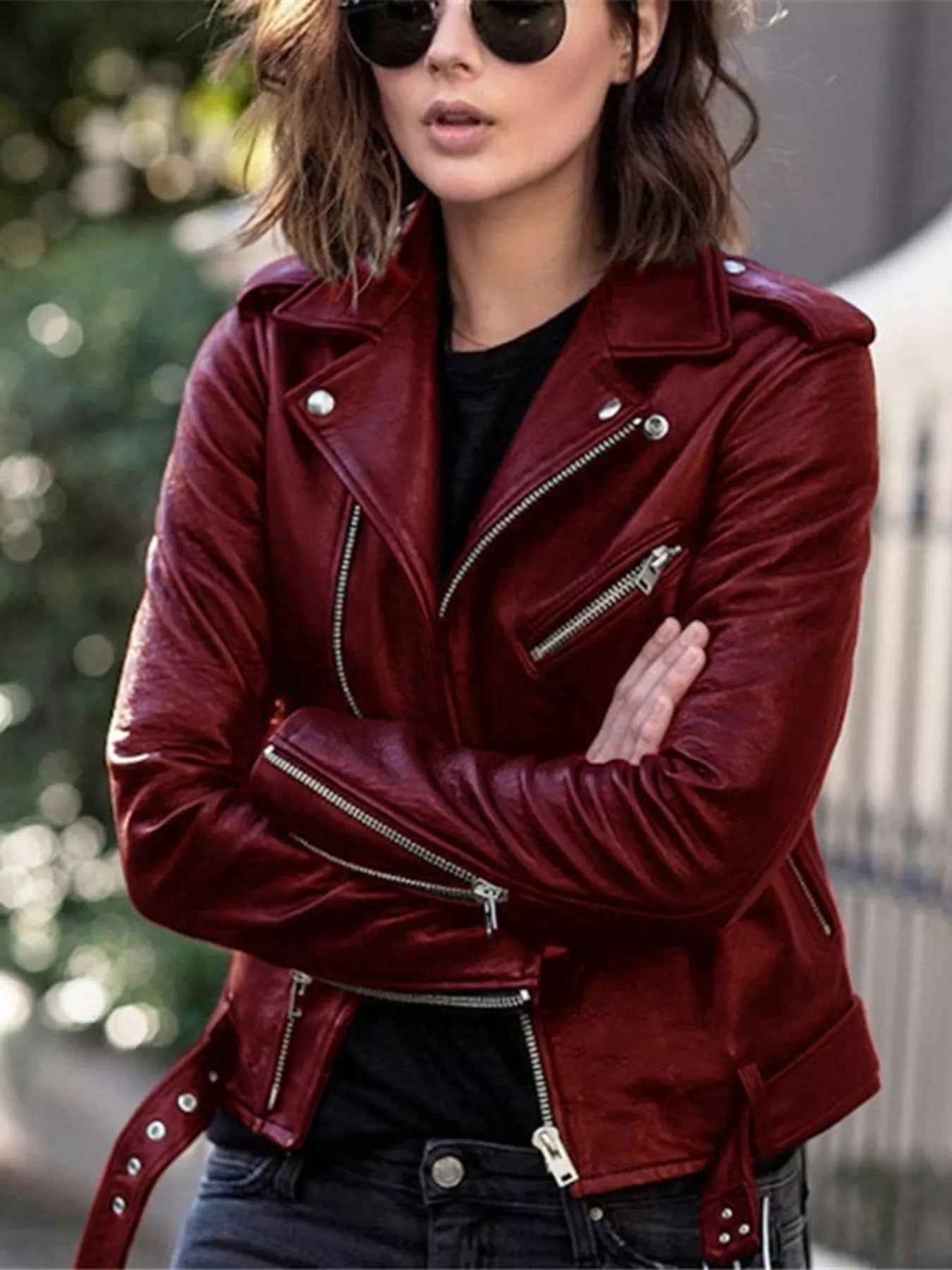 Full Size Zip Up Leather Biker Jacket