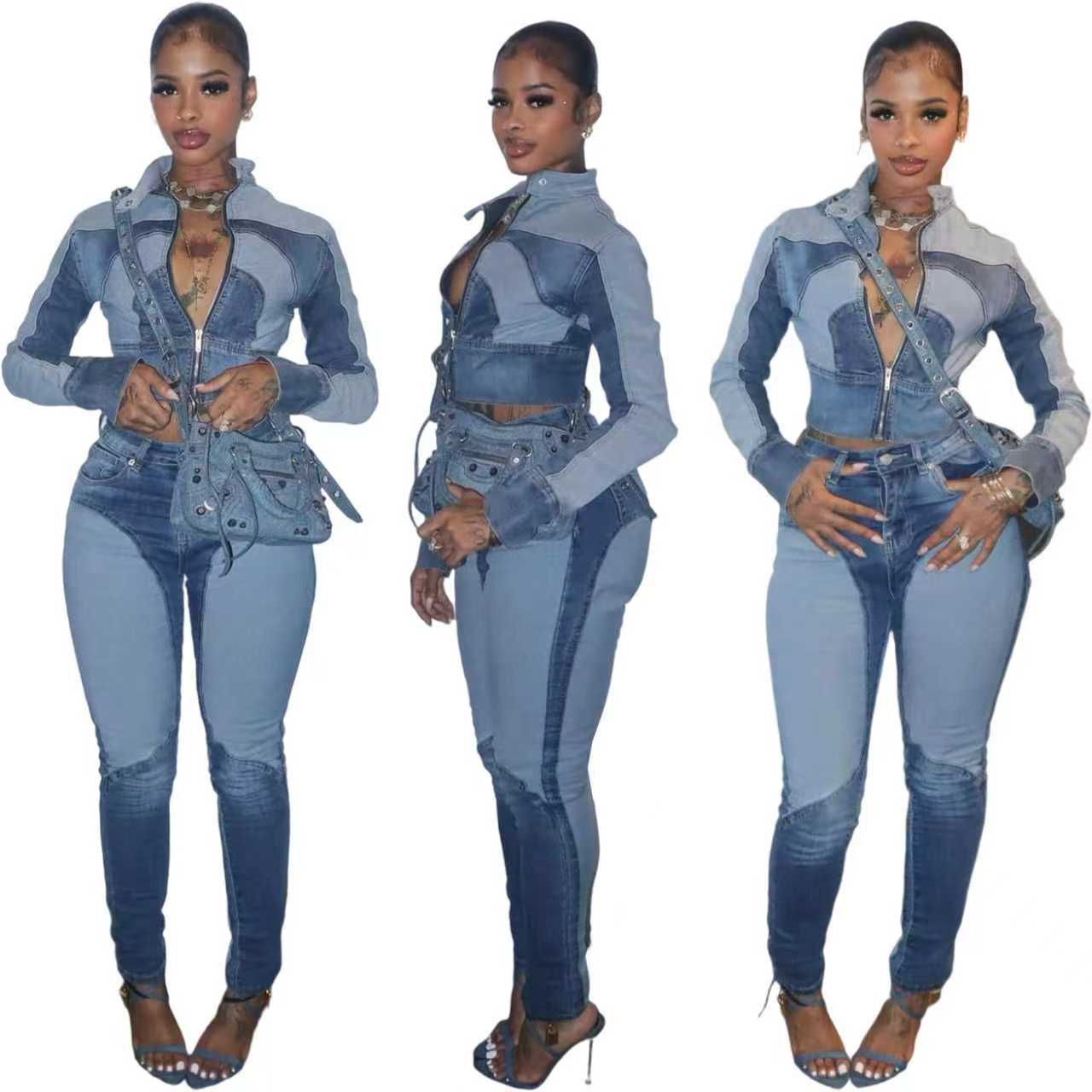 Splicing Color Washed Denim Set