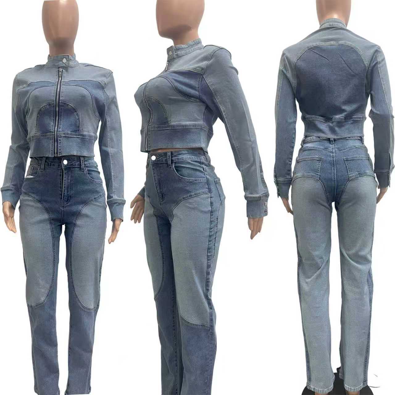 Splicing Color Washed Denim Set