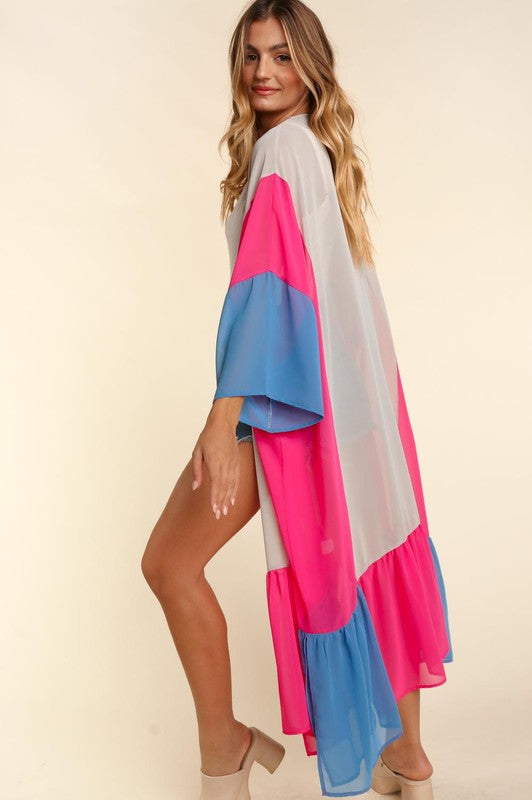 Plus Size Color Block Kimoni Maxi Open Cardigan