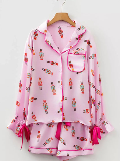 Nutcracker Print Contrast Trim Pajama Set