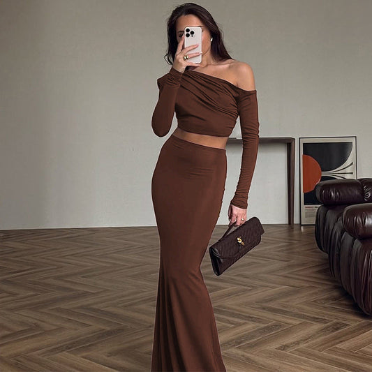 Off shoulder long sleeved top and skirt set