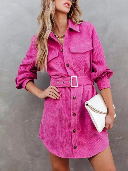 Button Front Belted Corduroy Dress