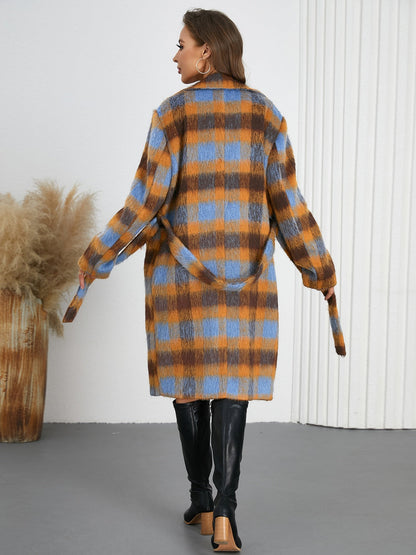 Tied Plaid Collared Coat