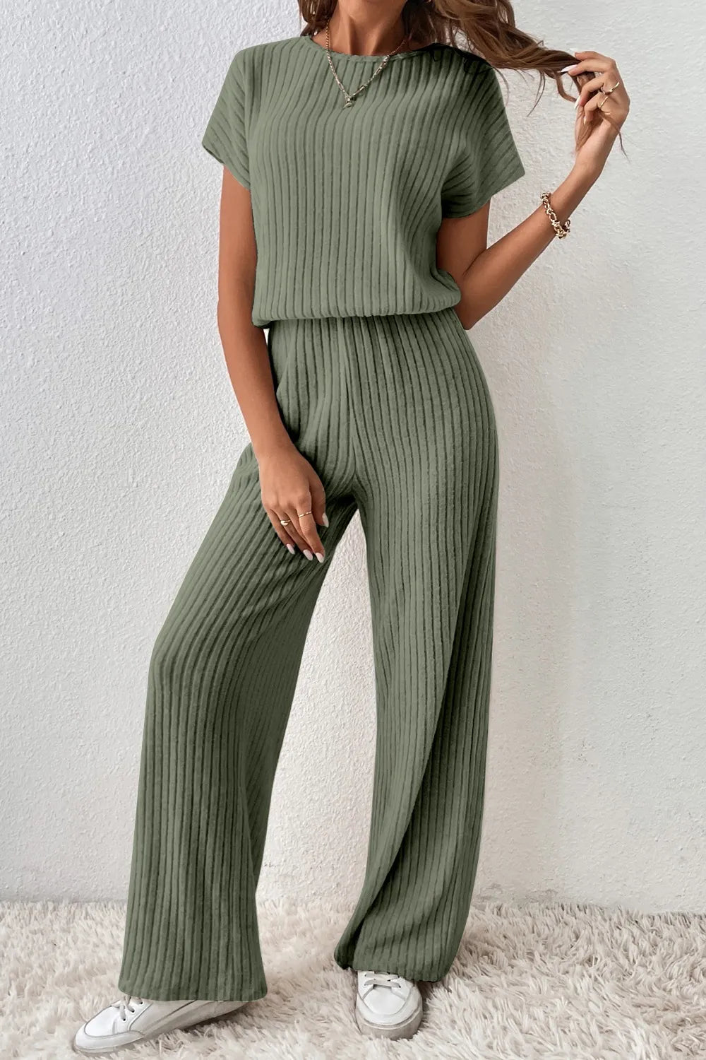 Ribbed Short Sleeve Wide Leg Jumpsuit