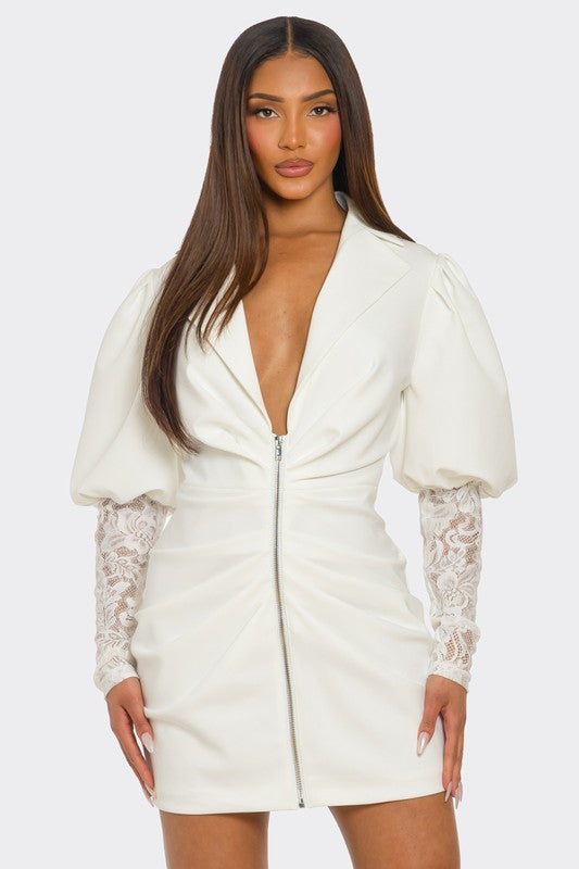 White Puff-Sleeve Zip-Up Dress