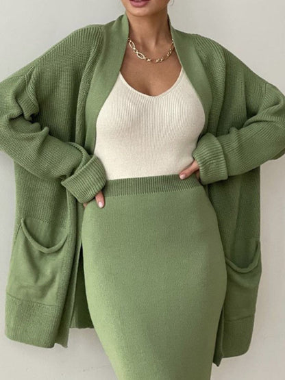 Pocketed Cardigan Skirt Set