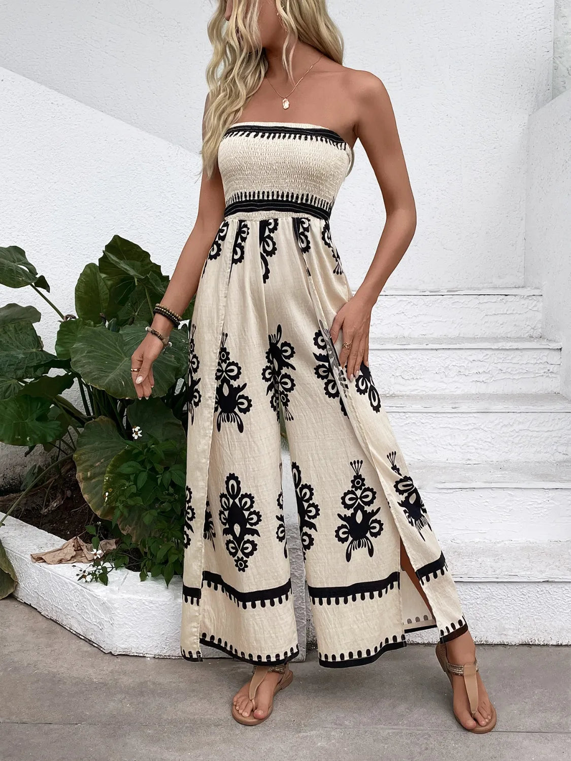 Off Shoulder Printed Wide Leg Jumpsuit