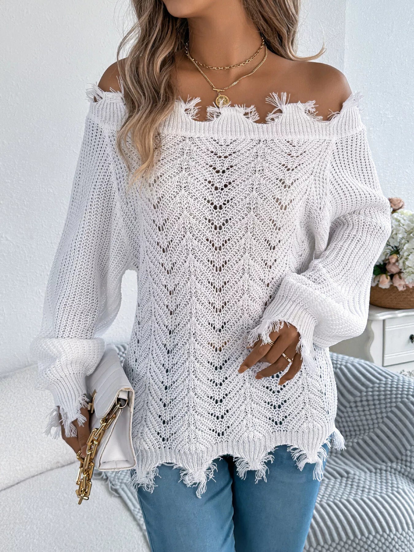 Distressed Off-Shoulder Sweater