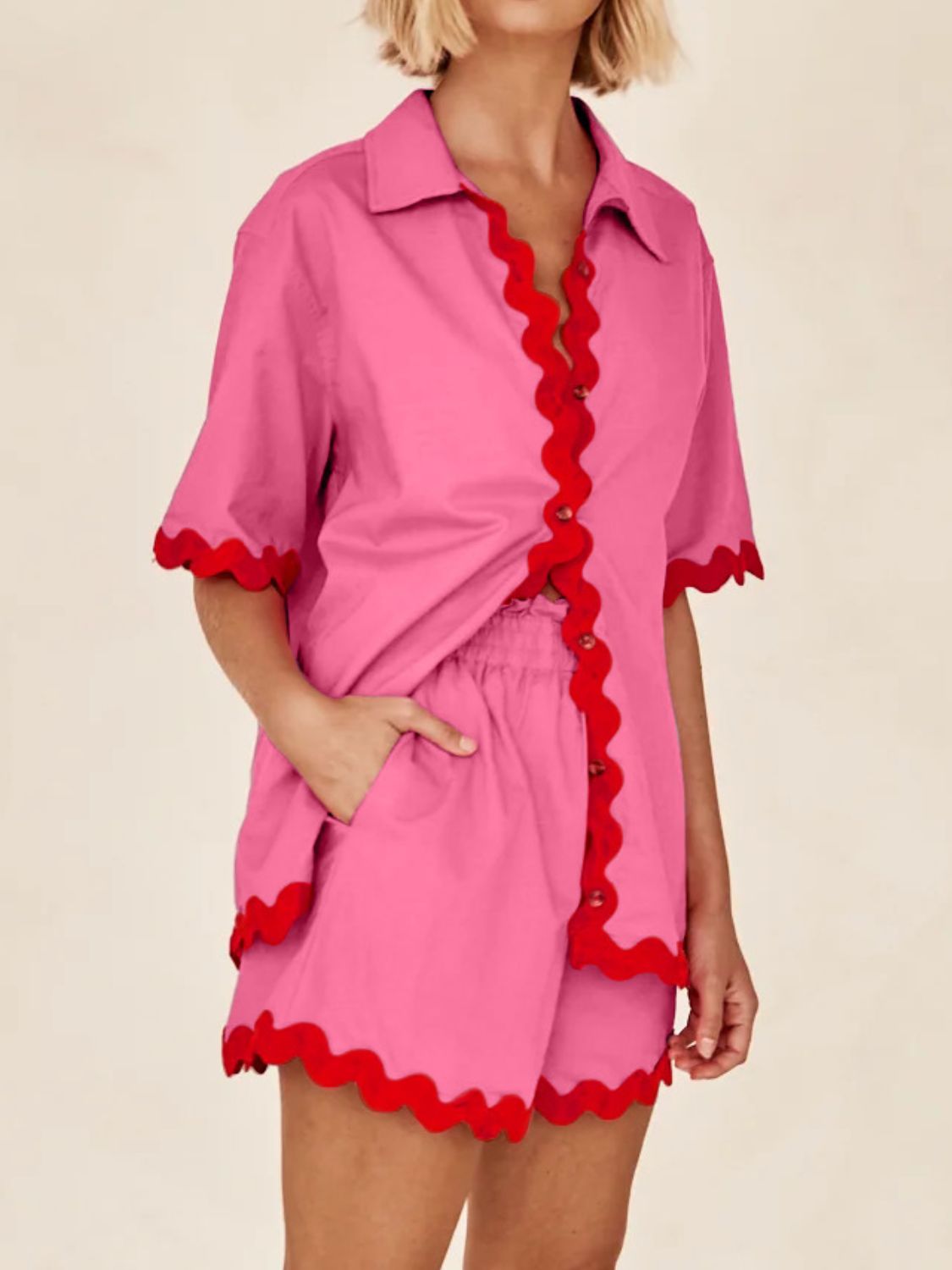 Contrast Trim Half Sleeve Shorts Set