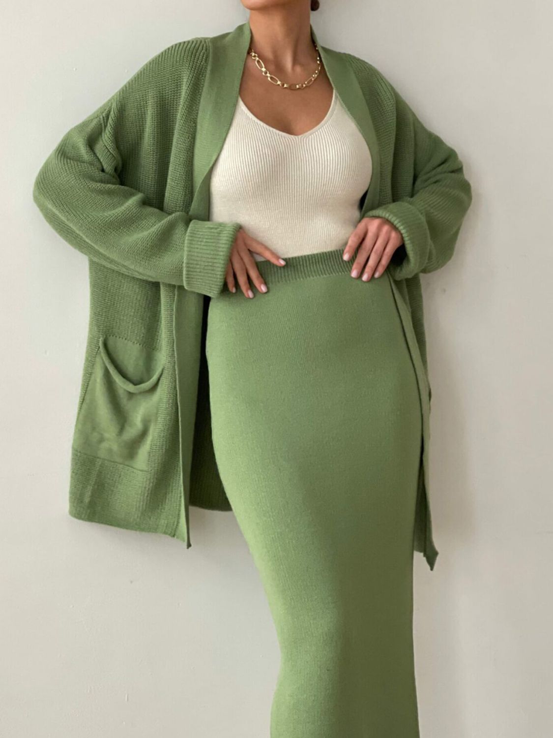 Pocketed Cardigan Skirt Set