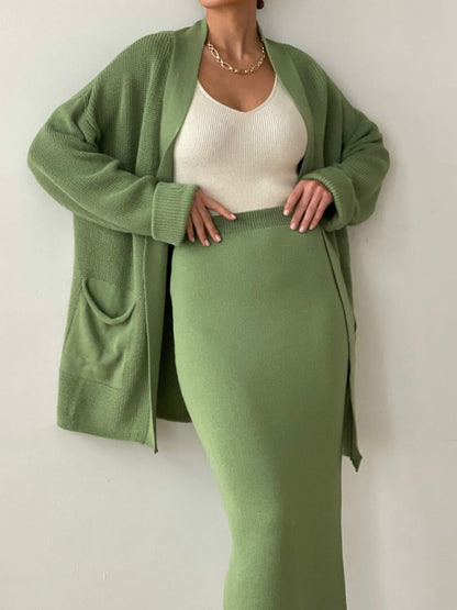 Pocketed Cardigan Skirt Set