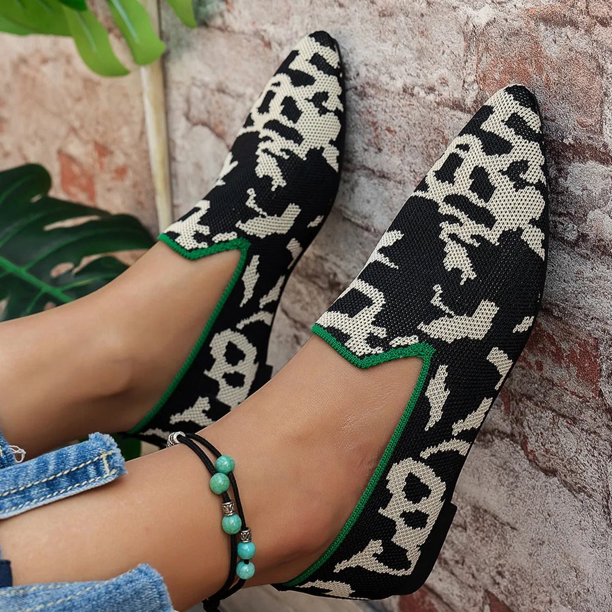 Animal Print Knit Slip-On Loafers