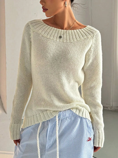 Ribbed Knit Boat Neck Sweater