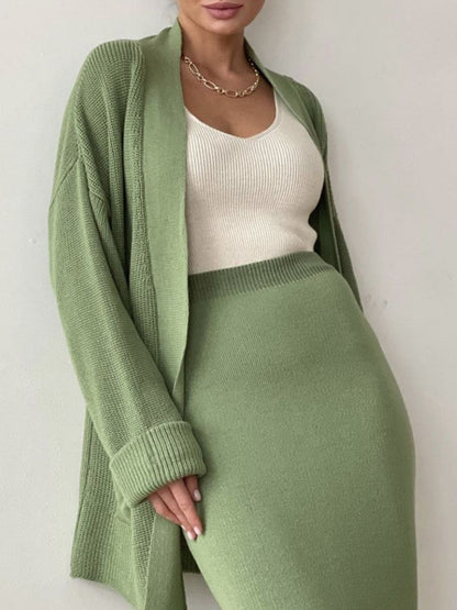 Pocketed Cardigan Skirt Set