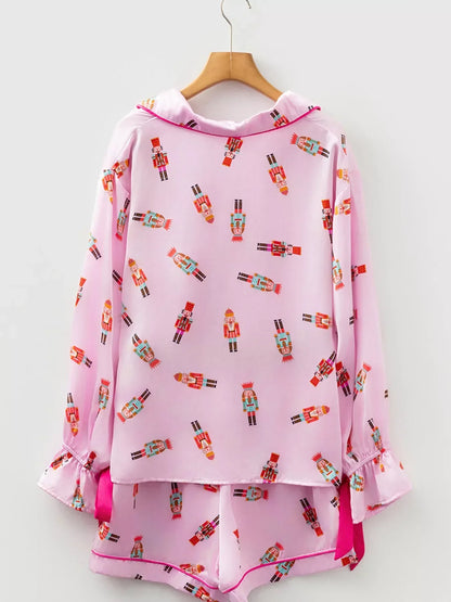 Nutcracker Print Contrast Trim Pajama Set