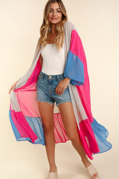 Plus Size Color Block Kimoni Maxi Open Cardigan