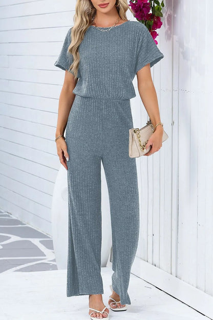 Ribbed Short Sleeve Wide Leg Jumpsuit