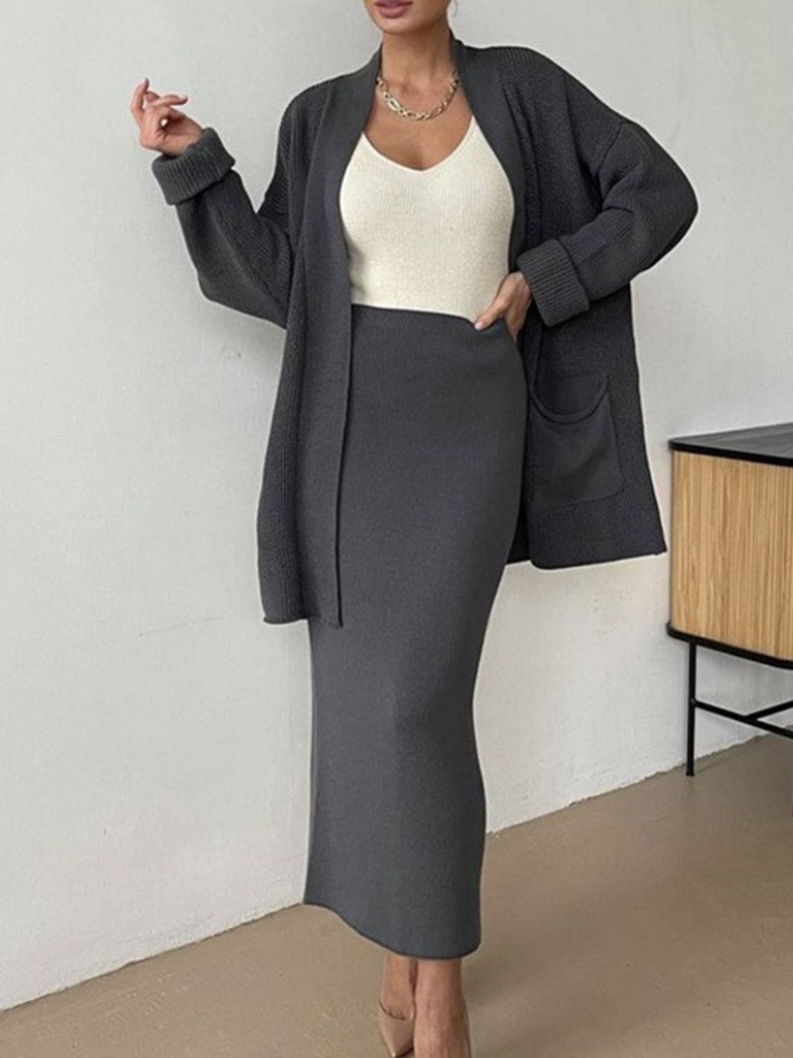Pocketed Cardigan Skirt Set