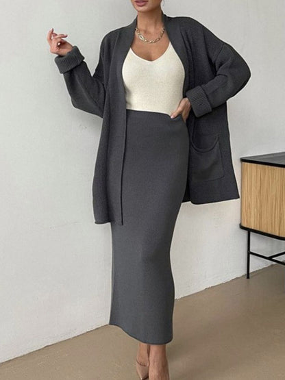 Pocketed Cardigan Skirt Set