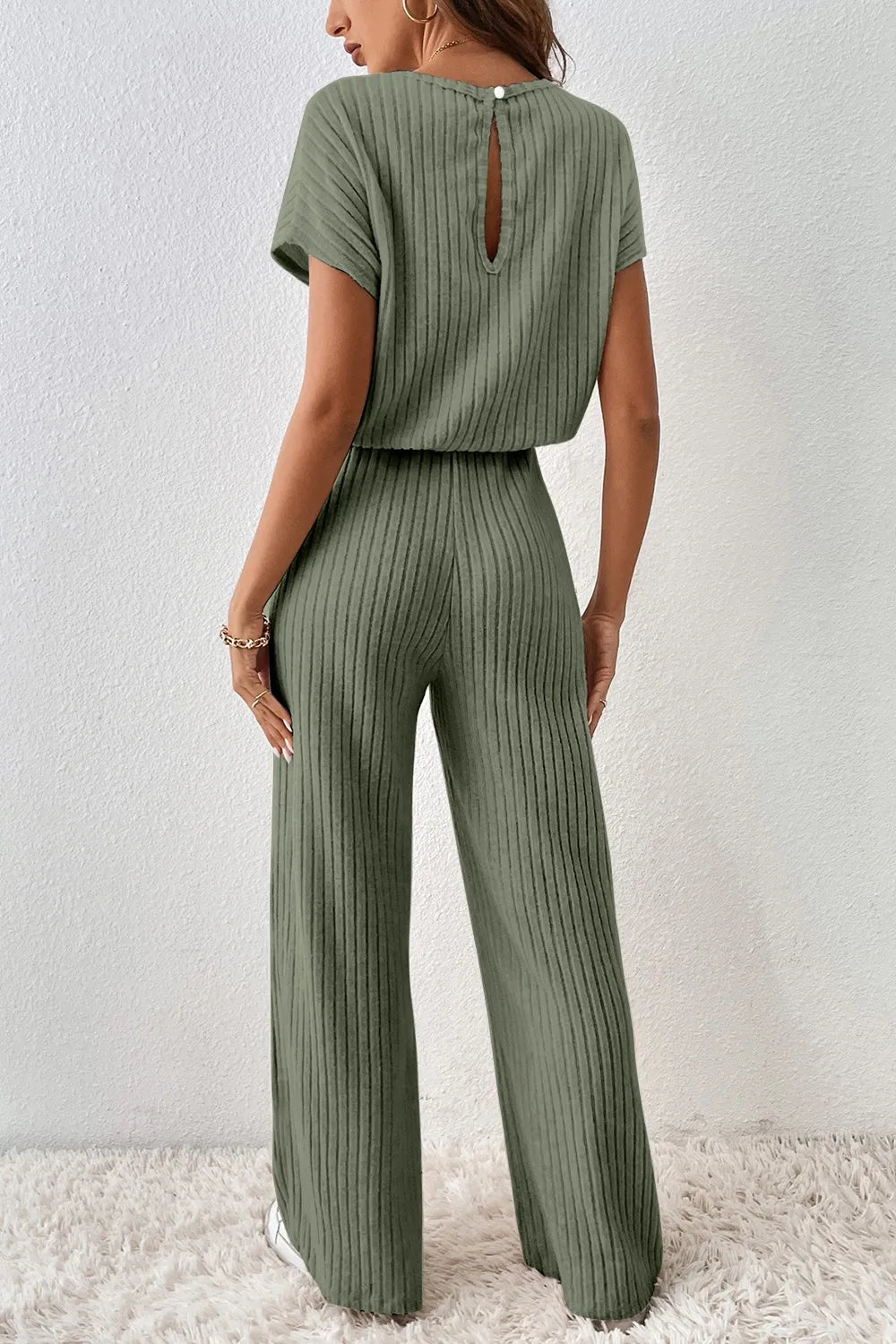 Ribbed Short Sleeve Wide Leg Jumpsuit