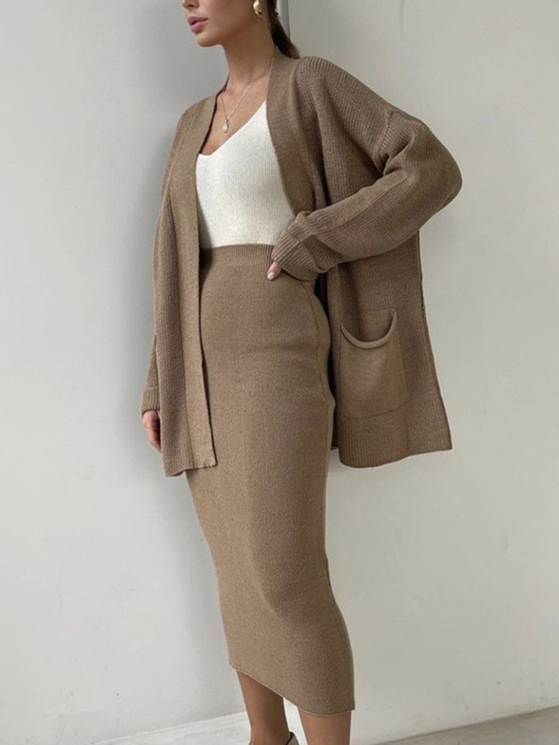 Pocketed Cardigan Skirt Set